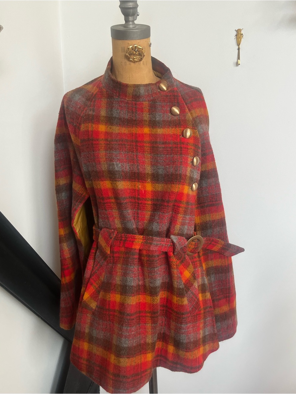Vintage Red Plaid Wool Belted Cape with Gold Buttons